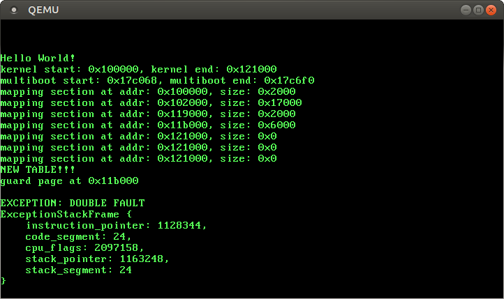 QEMU printing EXCEPTION: DOUBLE FAULT and a dump of the exception stack frame