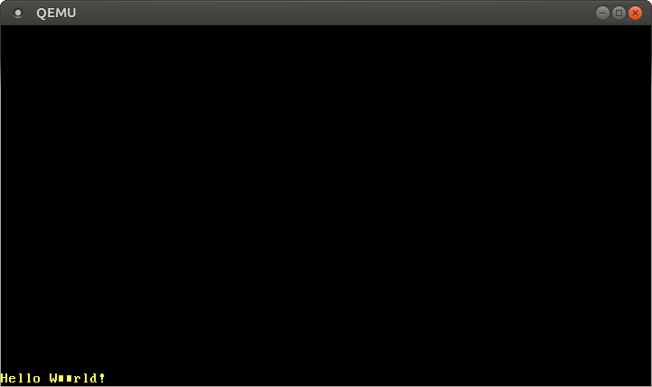 QEMU exibindo um Hello W■■rld! amarelo no canto inferior esquerdo