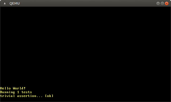 QEMU imprimindo "Hello World!", "Running 1 tests" e "trivial assertion... [ok]"