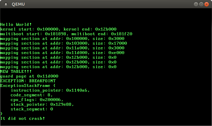 QEMU printing EXCEPTION: BREAKPOINT and the exception stack frame