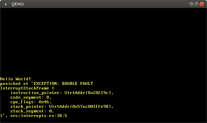 QEMU printing EXCEPTION: DOUBLE FAULT and the exception stack frame