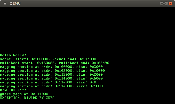 QEMU screenshot with EXCEPTION: DIVIDE BY ZERO message