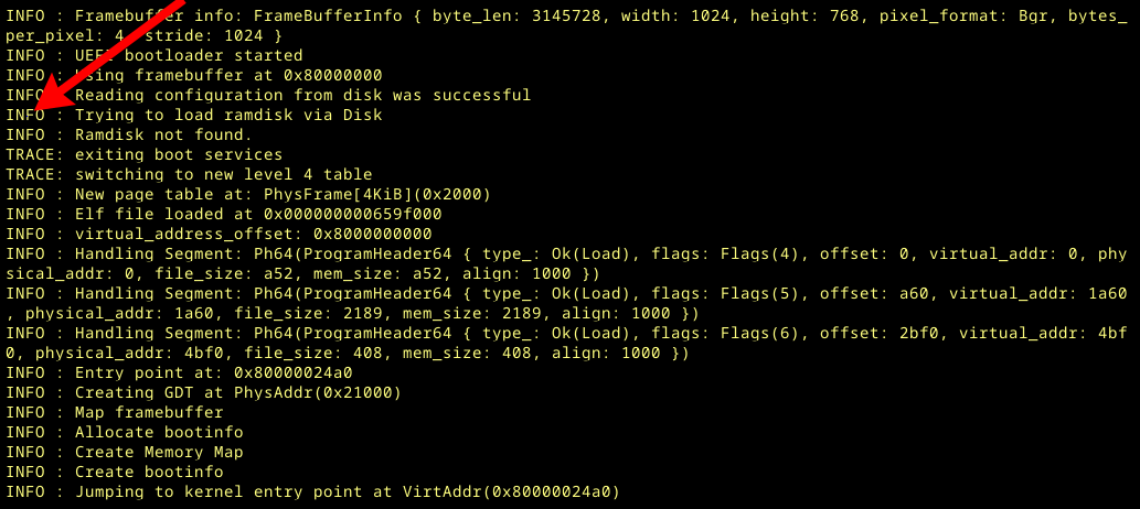 QEMU the bootloader text output with one pixel set to blue. An annotated arrow points to the pixel
