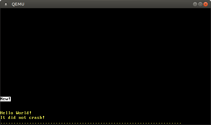 QEMU imprime "¡No se estrelló!" con cuatro celdas completamente blancas en el medio de la pantalla