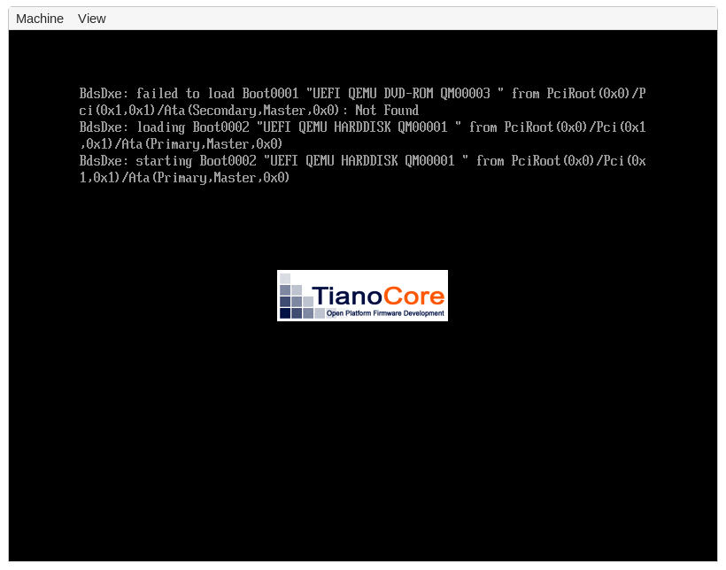 QEMU screenshot showing some UEFI firmware output