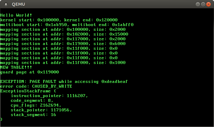 QEMU: output is now PAGE FAULT with error code CAUSED_BY_WRITE