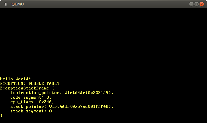 QEMU printing EXCEPTION: DOUBLE FAULT and the exception stack frame