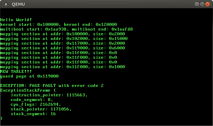 QEMU: page fault with error code 2 and stack frame dump