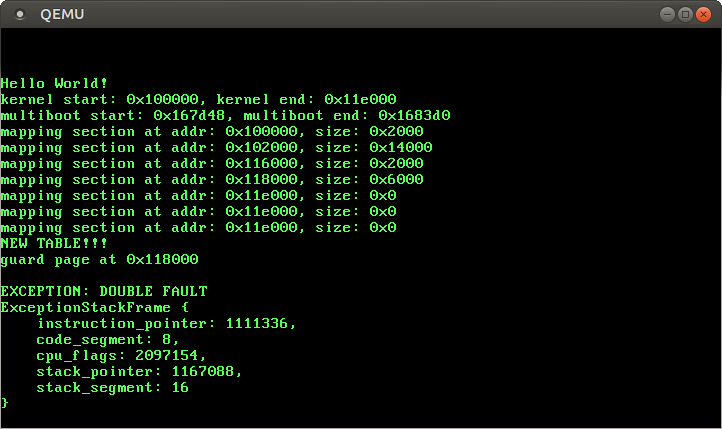 QEMU printing EXCEPTION: DOUBLE FAULT and the exception stack frame