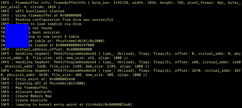 QEMU showing a blue square above the bootloader text output