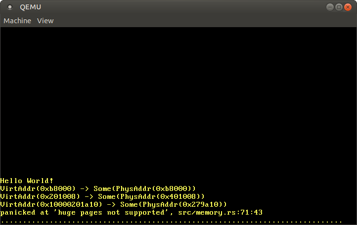 0xb8000 -> 0xb8000, 0x201008 -> 0x401008, 0x10000201a10 -> 0x279a10, "panicked at 'huge pages não suportadas'