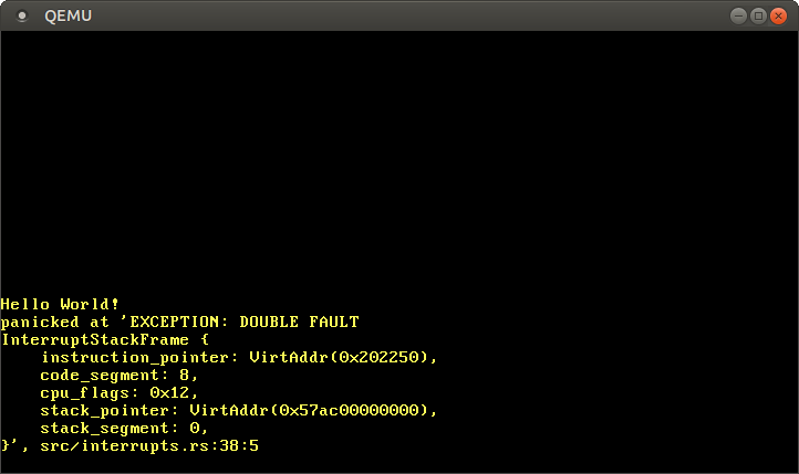 QEMU printing `EXCEÇÃO: DOUBLE FAULT` and a dump of the exception stack frame