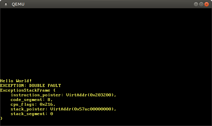 QEMU printing `EXCEPTION: DOUBLE FAULT` and a dump of the exception stack frame