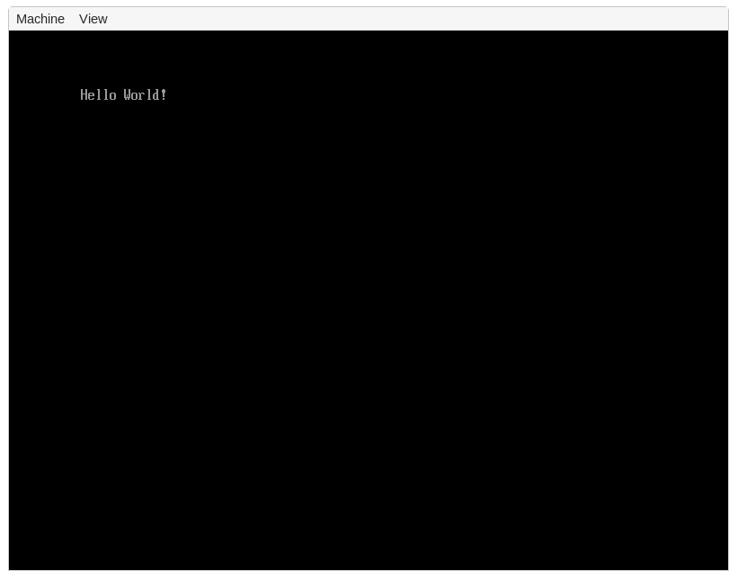 QEMU window with "Hello World!" output