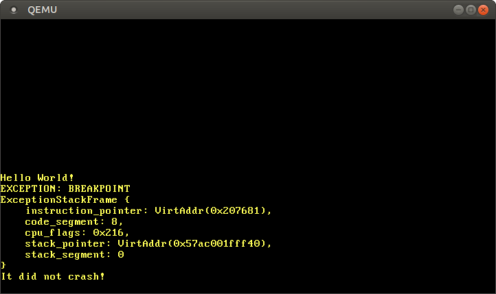 QEMU printing `EXCEPTION: BREAKPOINT` and the interrupt stack frame