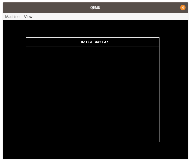 QEMU printing a box with "Hello World" in it